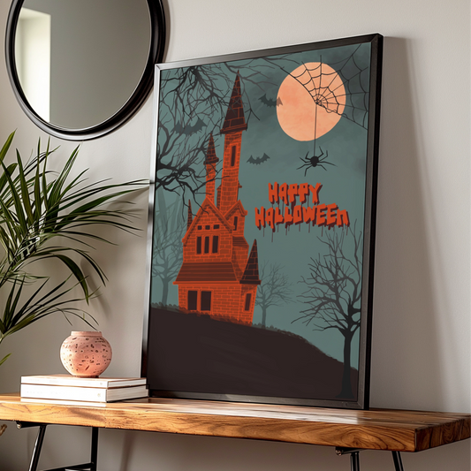 Happy Halloween Haunted House Poster, Spooky Castle Full Moon Bat Spider Wall Art