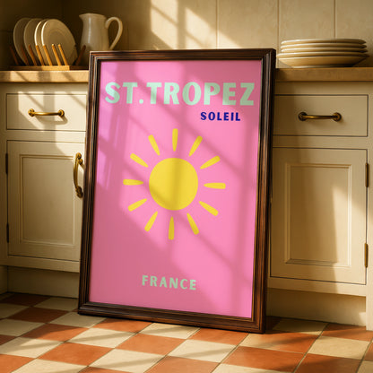 St Tropez Travel Poster, France Wall Art, Retro Sun Print, Pink French Riviera Decor