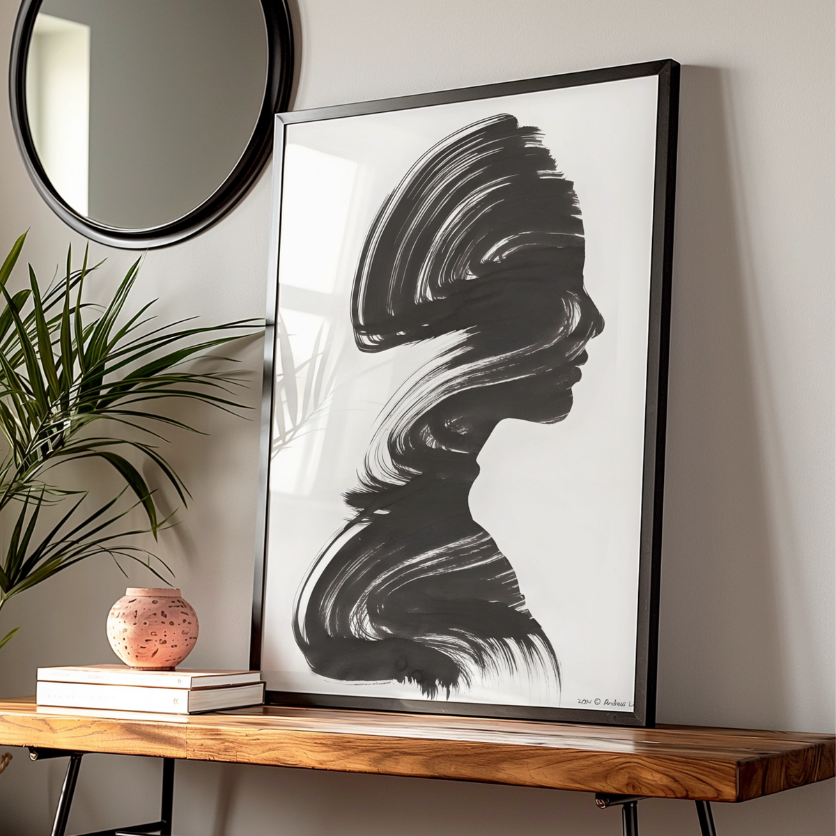 Female Silhouette Monochrome Wall Art, Black and White Portrait Poster, Modern Brush Stroke Print — Digital Download