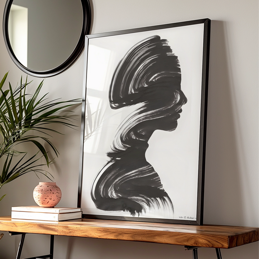 Female Silhouette Monochrome Wall Art, Black and White Portrait Poster, Modern Brush Stroke Print