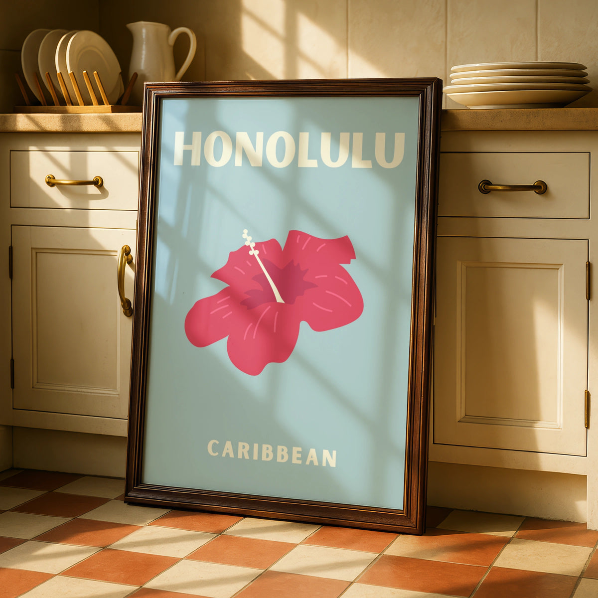 Honolulu Travel Poster, Hawaii Wall Art, Retro Hibiscus Print, Tropical Blue Decor