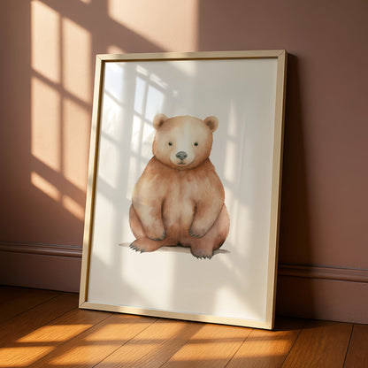 Nursery Wall Art Brown Bear Print, Watercolour Baby Bear Poster, Woodland Nursery Decor