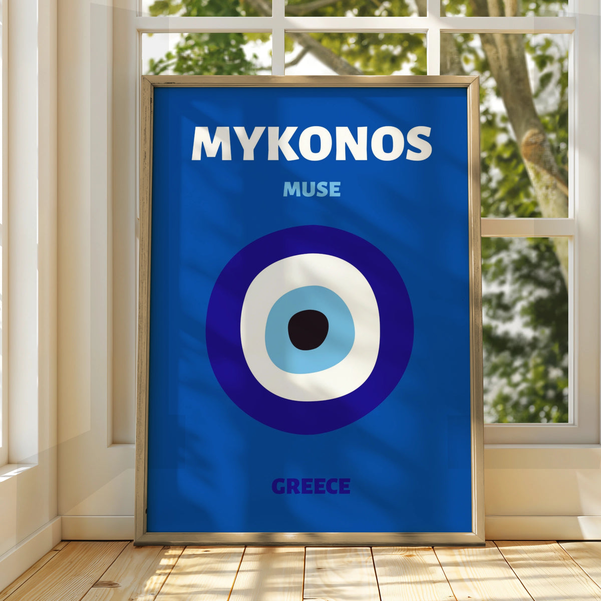 Mykonos Greece Travel Poster, Evil Eye Wall Art, Greek Island Print, Blue Retro