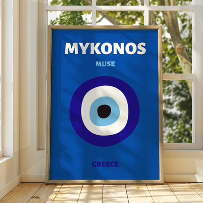 Mykonos Greece Travel Poster, Evil Eye Wall Art, Greek Island Print, Blue Retro