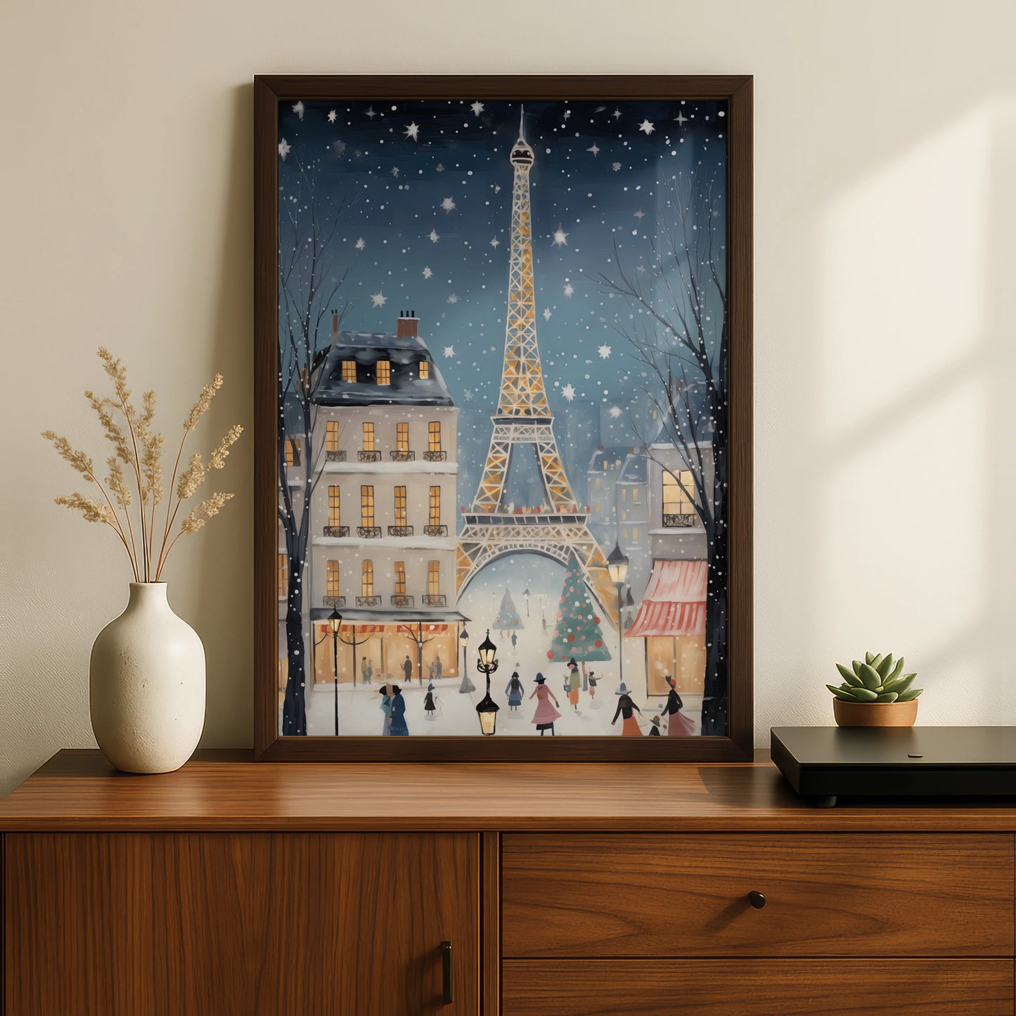 Paris Christmas Poster, Eiffel Tower Winter Snow Wall Art, Festive French Holiday Print