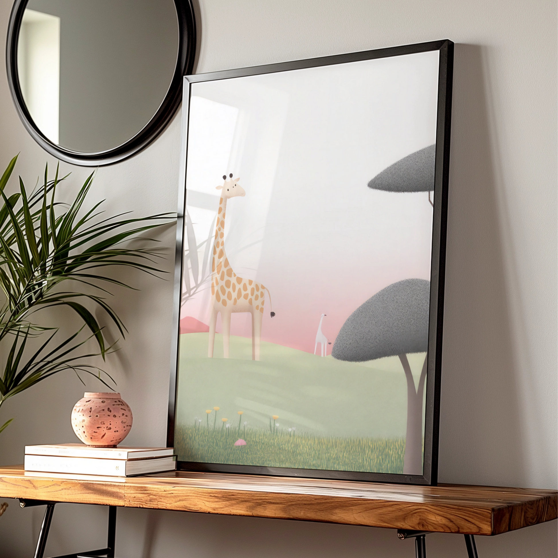 Giraffe Nursery Wall Art, Safari Baby Print, Children's Animal Poster, Pink Green Decor