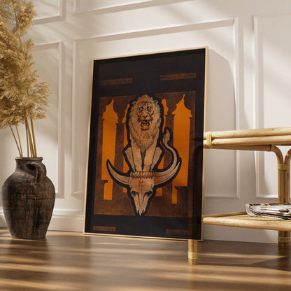 Halloween Lion Skull Art Print, Dark Gothic Poster, Orange Black Occult Wall Art