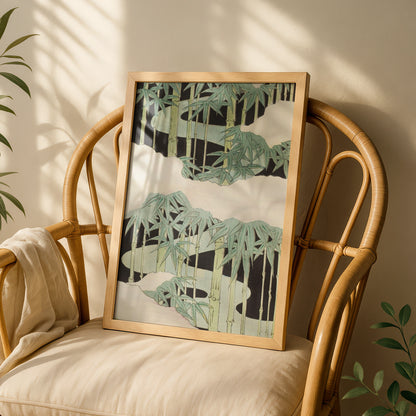 Japanese Bamboo Woodblock Wall Art, Vintage Japandi Botanical Print, Minimalist Green Poster – A5 White frame