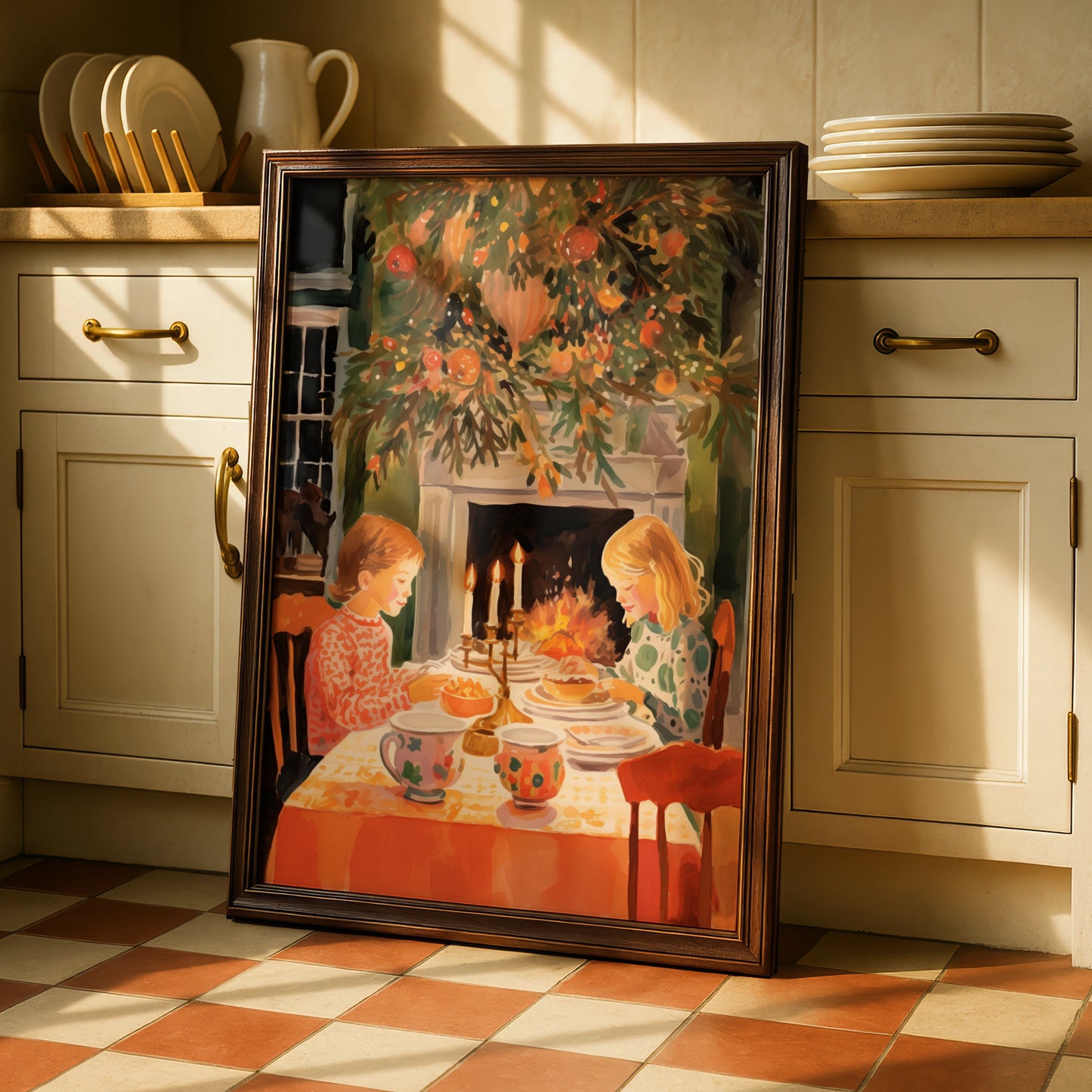 Christmas Dinner Poster, Children by Fireplace, Festive Holiday Wall Art, Cosy Vintage Scene Print