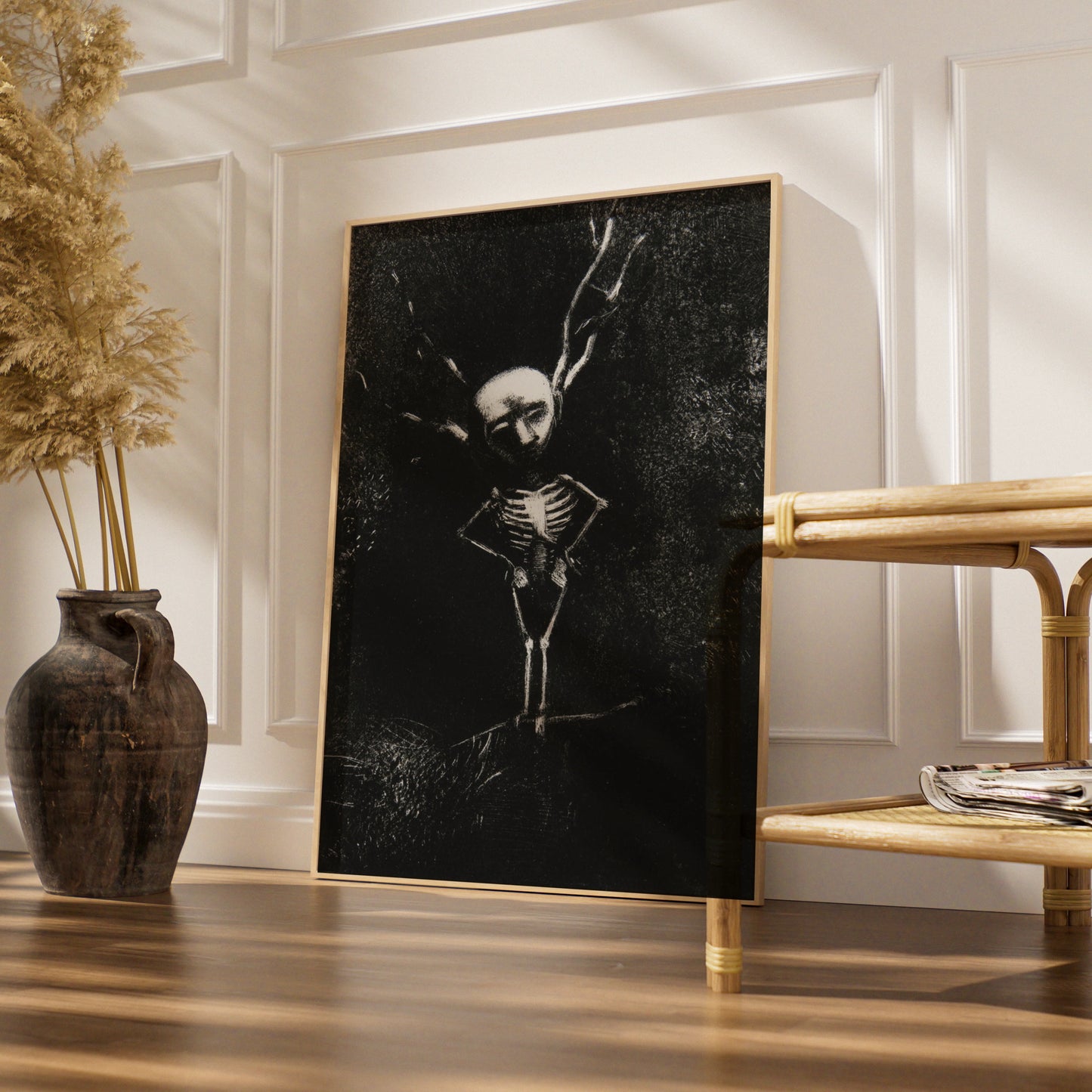 Dark Skeleton Halloween Art Print, Gothic Skull Poster, Spooky Black Wall Art, Occult Macabre Decor