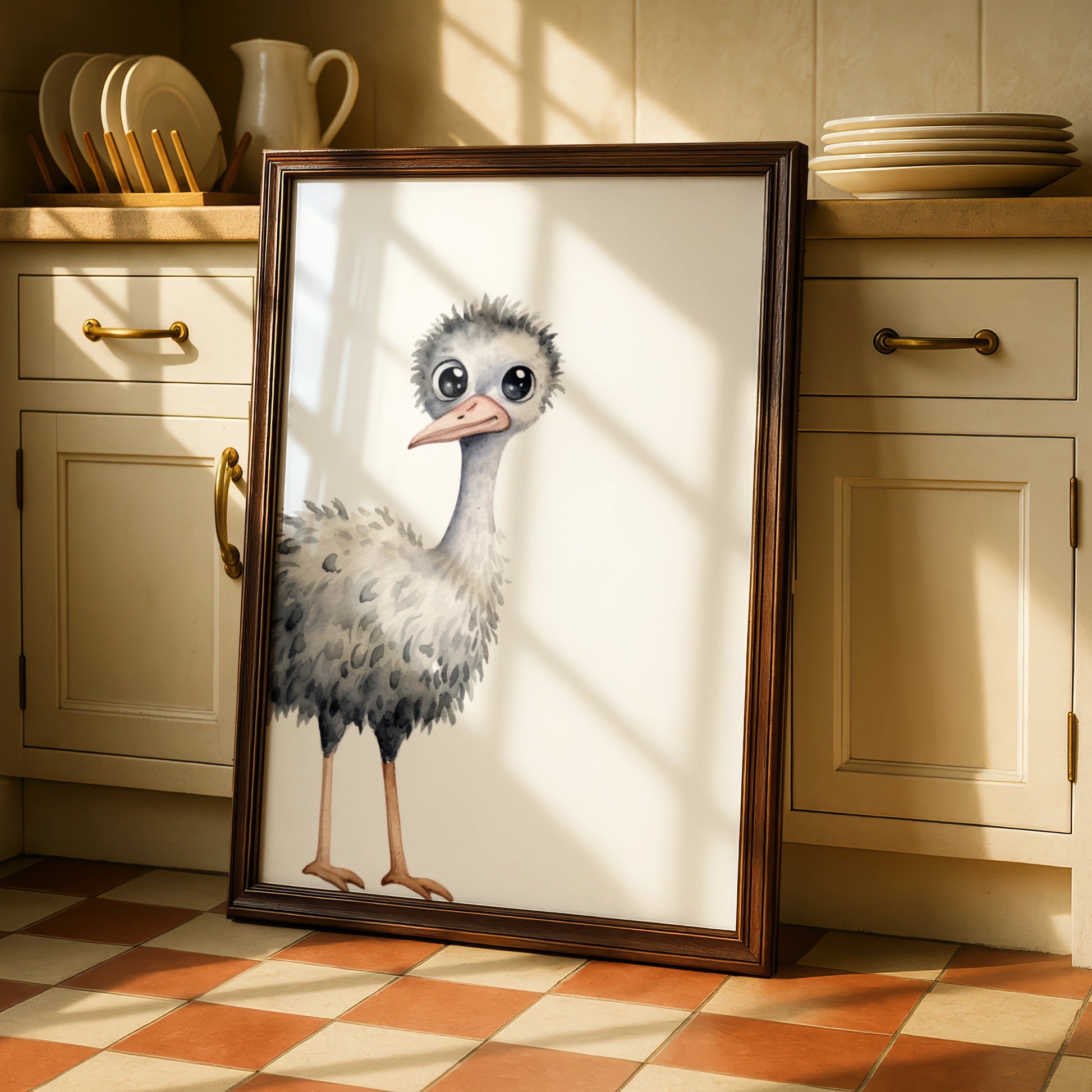 Baby Ostrich Nursery Wall Art, Cute Watercolour Bird Print, Children's Animal Poster