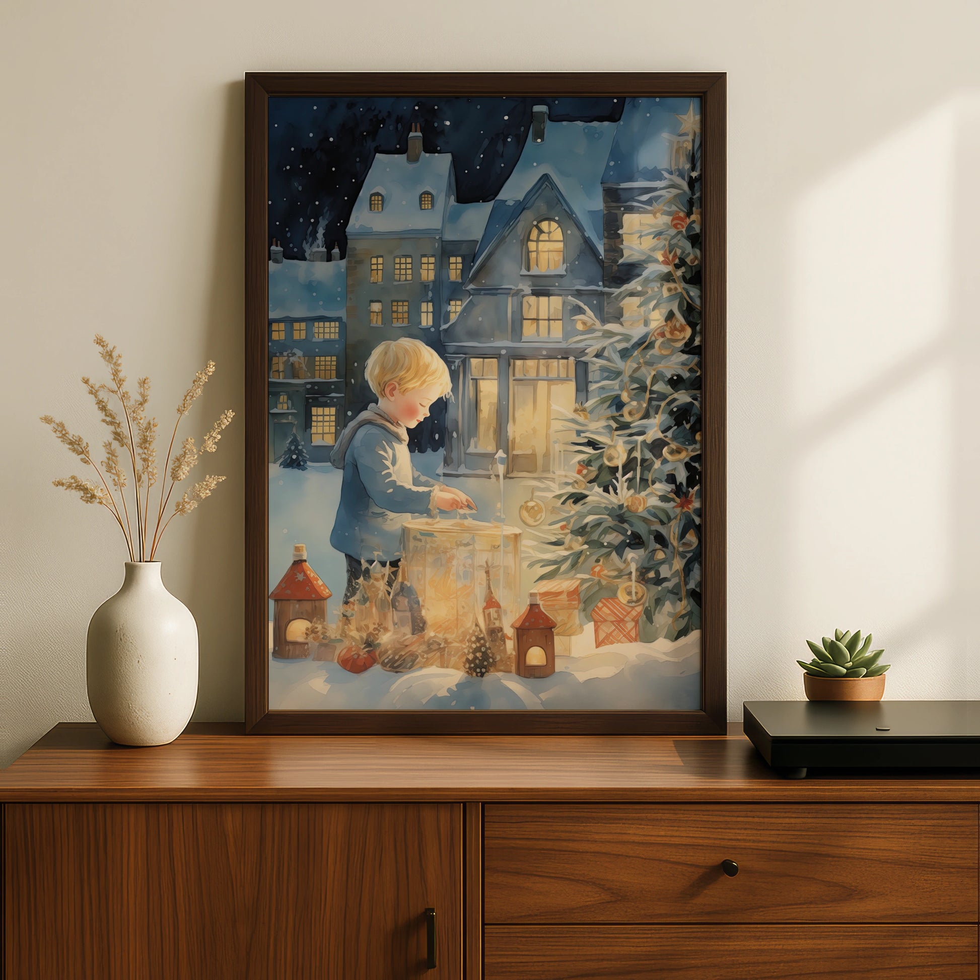 Christmas Poster, Child with Lantern Snowy Village, Watercolour Xmas Wall Art Print
