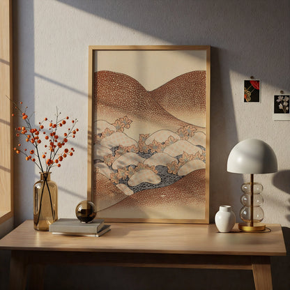 Japanese Botanical Print, Vintage Woodblock Wall Art, Floral Japandi Poster, Terracotta Waves – A4 print