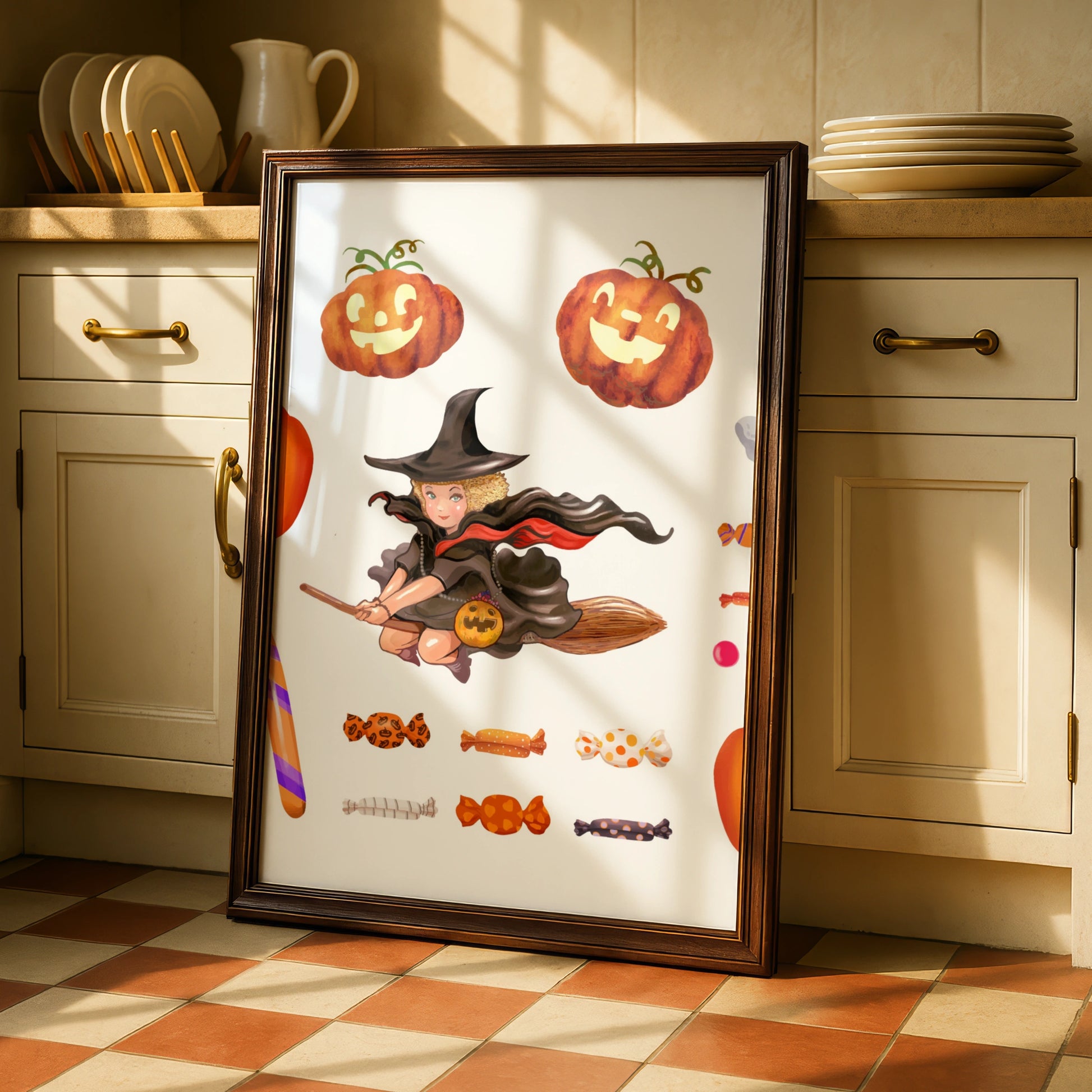 Halloween Wall Art Poster, Witch Pumpkin Ghost Black Cat, Trick or Treat Print