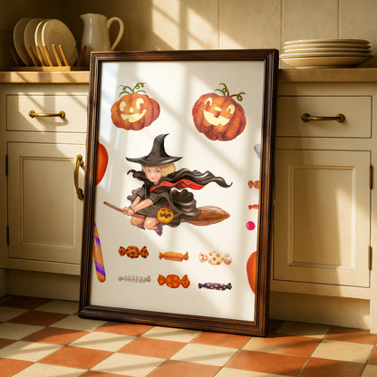 Halloween Wall Art Poster, Witch Pumpkin Ghost Black Cat, Trick or Treat Print