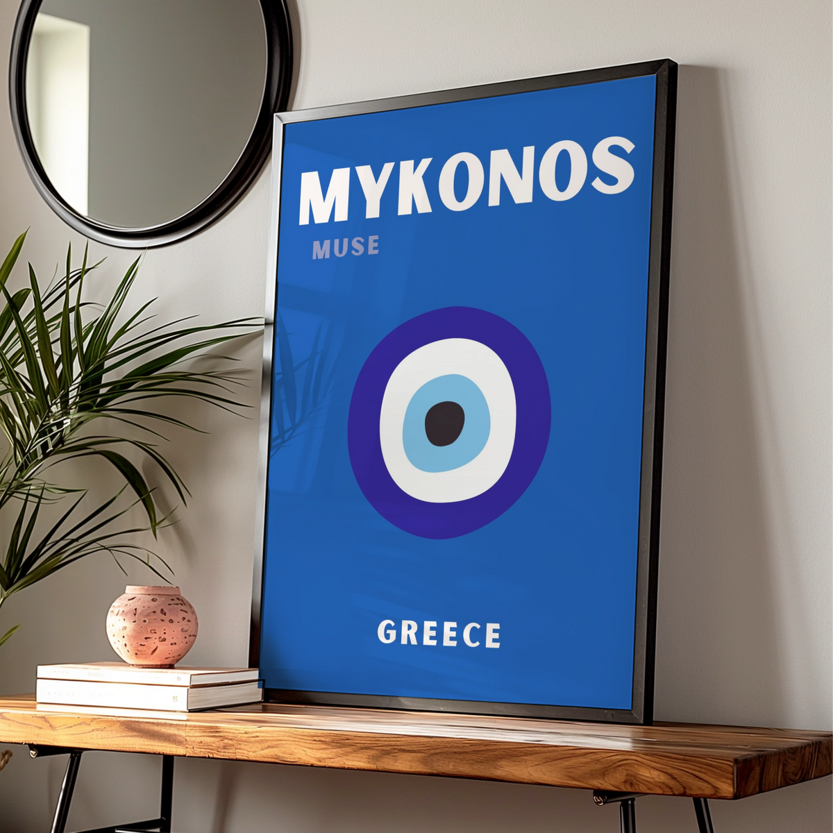 Mykonos Greece Travel Poster, Evil Eye Wall Art, Greek Island Retro Print, Blue