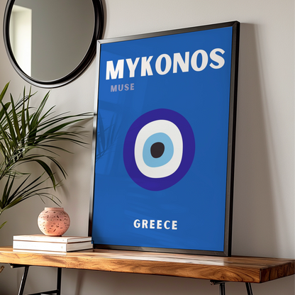 Mykonos Greece Travel Poster, Evil Eye Wall Art, Greek Island Retro Print, Blue