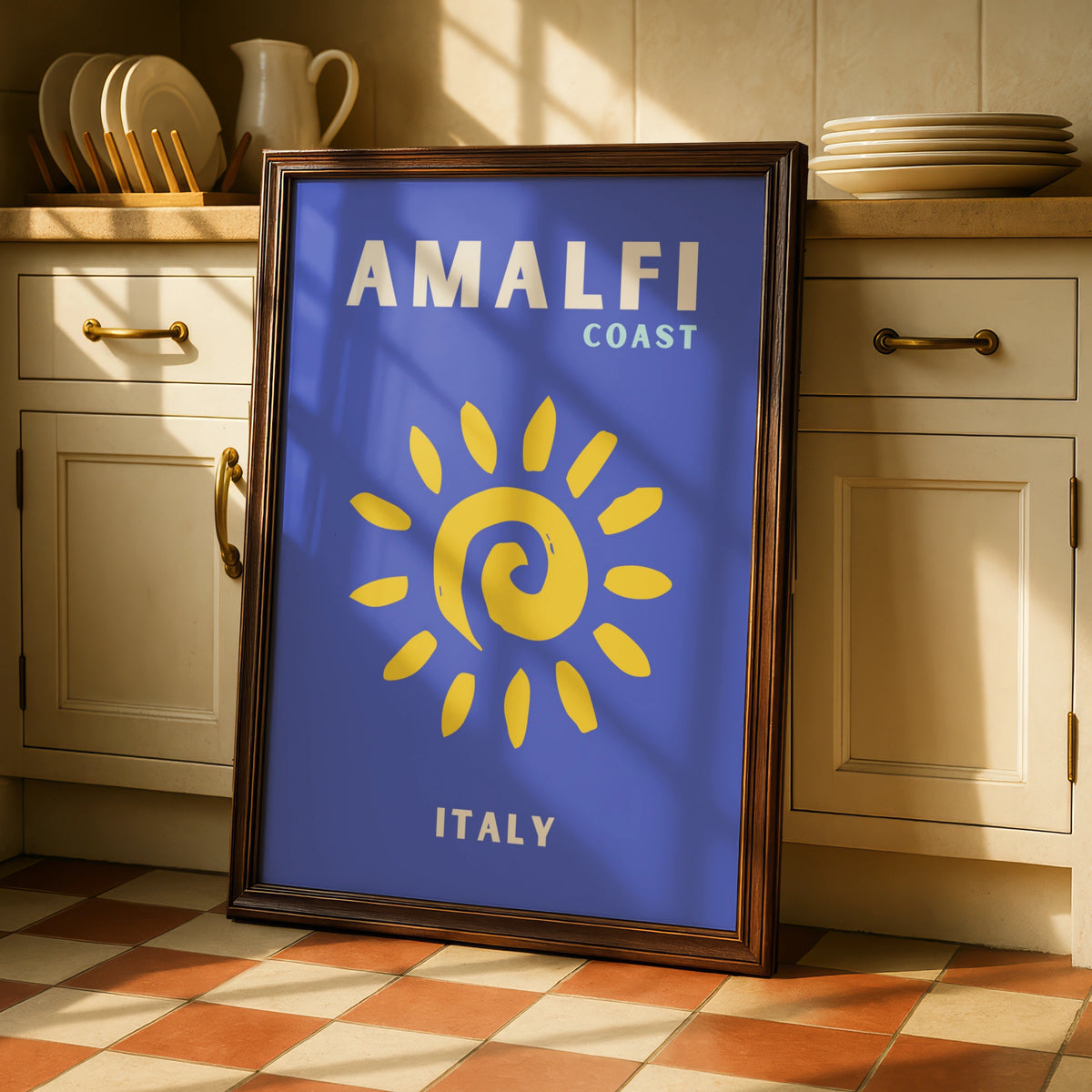 Amalfi Coast Italy Travel Poster, Retro Sun Wall Art, Italian Coastal Print