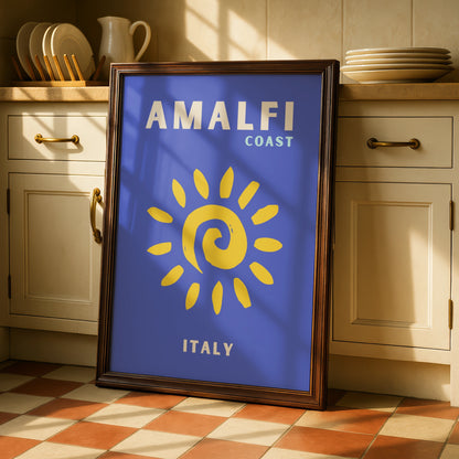 Amalfi Coast Italy Travel Poster, Retro Sun Wall Art, Italian Coastal Print