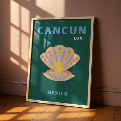 Cancun Mexico Travel Poster, Retro Seashell Wall Art, Mexican Beach Print