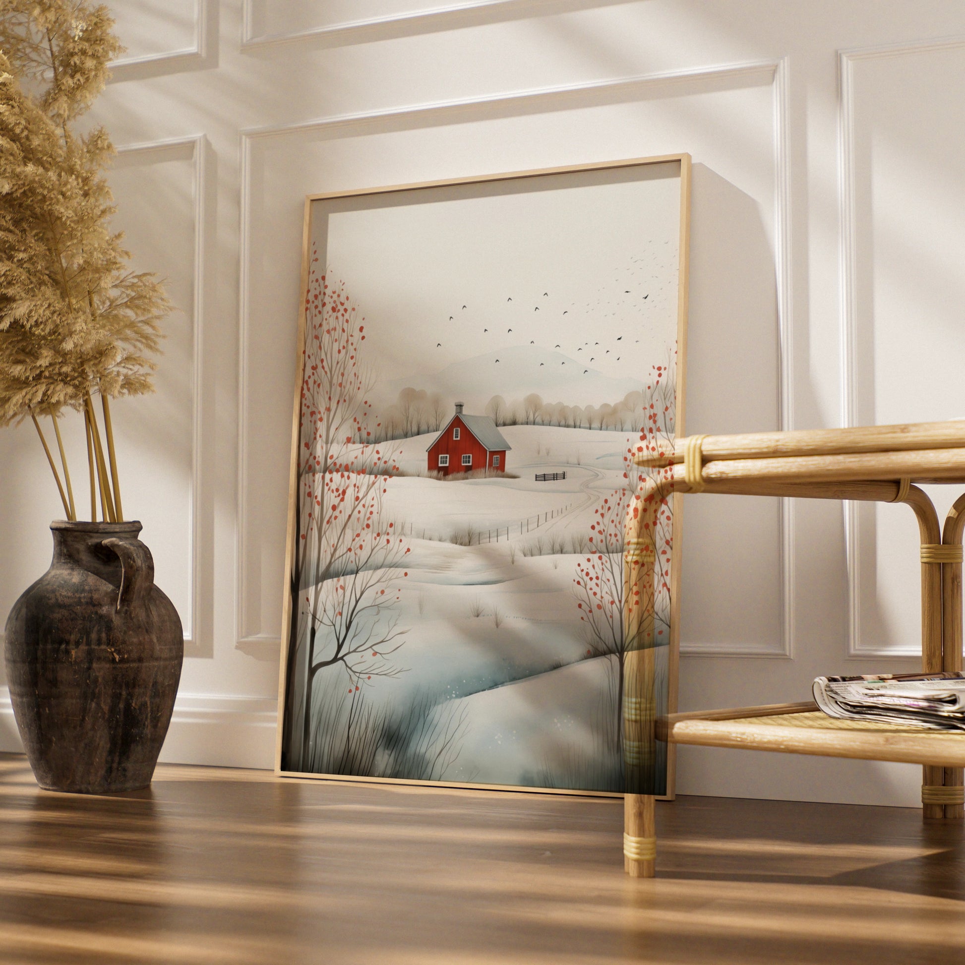 Christmas Winter Landscape Poster, Red Barn Snow Scene, Scandi Farmhouse Wall Art Print