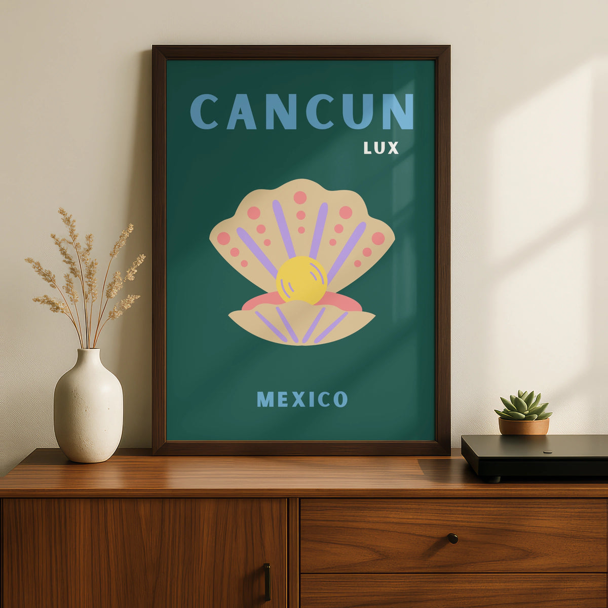 Cancun Mexico Travel Poster, Retro Seashell Wall Art, Mexican Beach Print