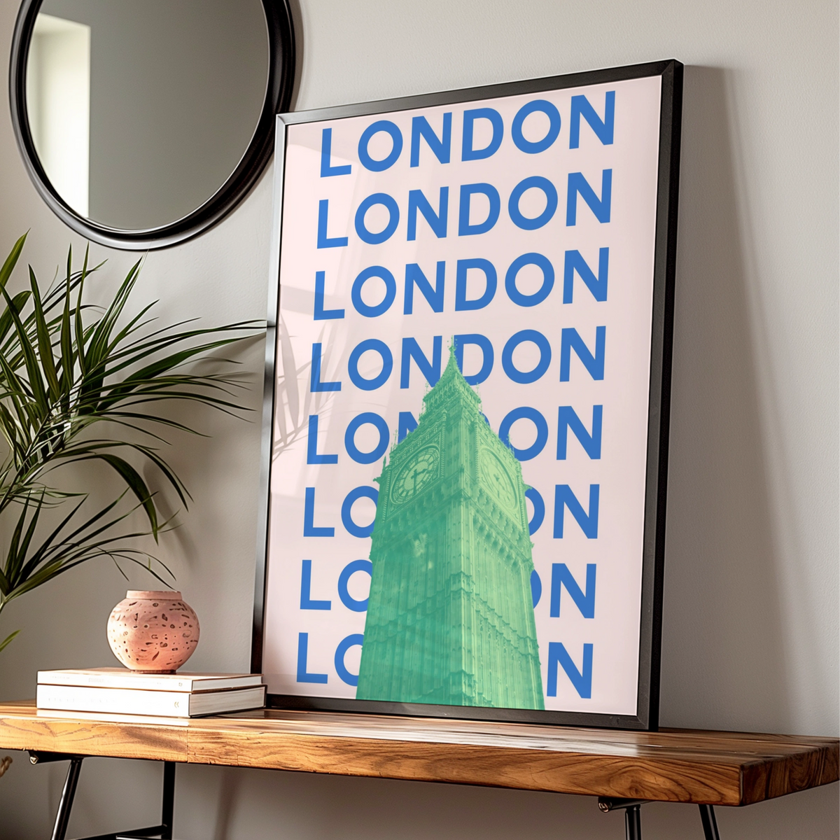 London Travel Poster, Big Ben Wall Art, Retro City Print, UK Bold Pink Blue Decor
