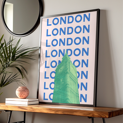 London Travel Poster, Big Ben Wall Art, Retro City Print, UK Bold Pink Blue Decor