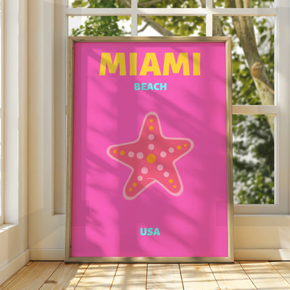 Miami Beach Travel Poster, Florida USA Wall Art, Retro Beach Print, Bold Pink Starfish Decor