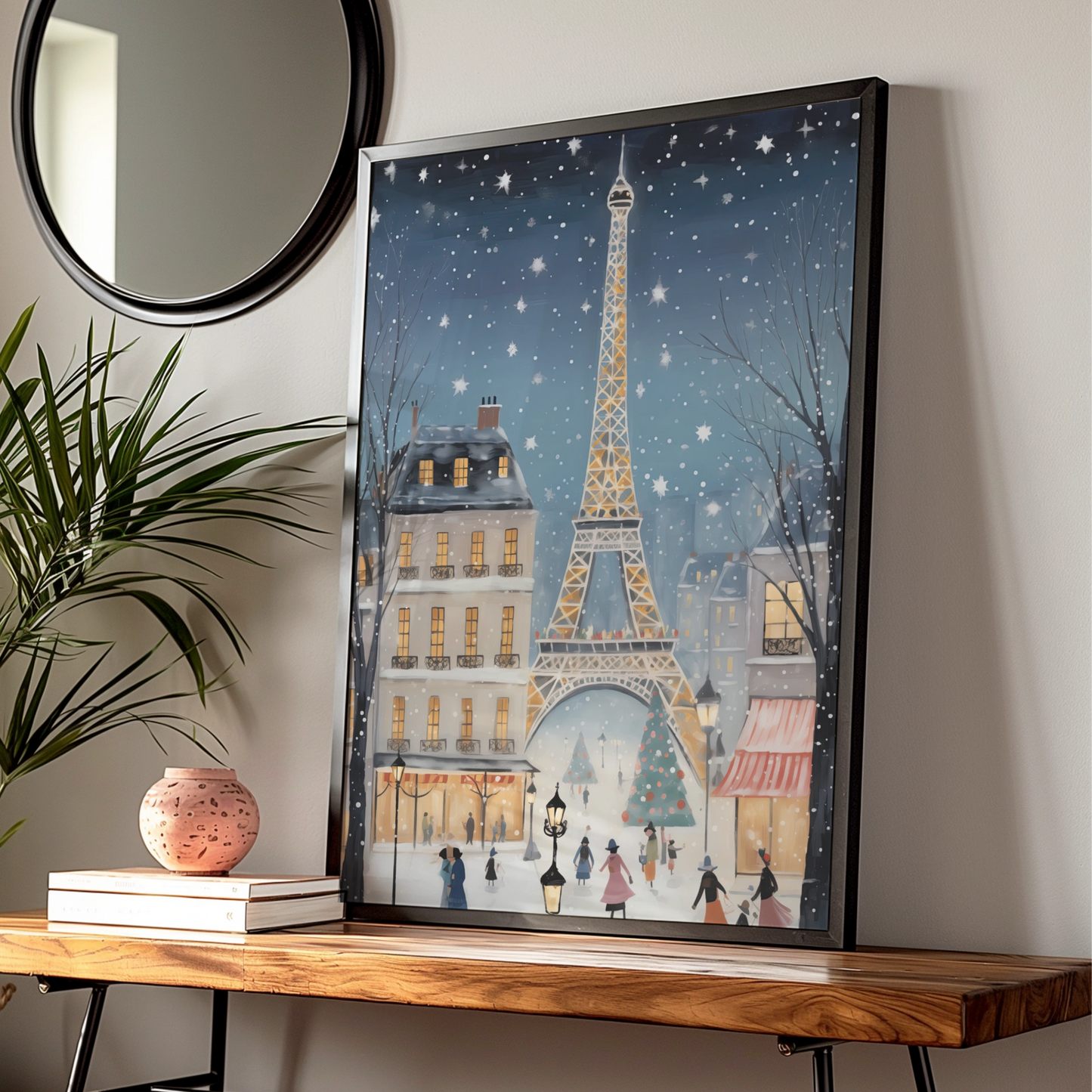 Paris Christmas Poster, Eiffel Tower Winter Snow Wall Art, Festive French Holiday Print