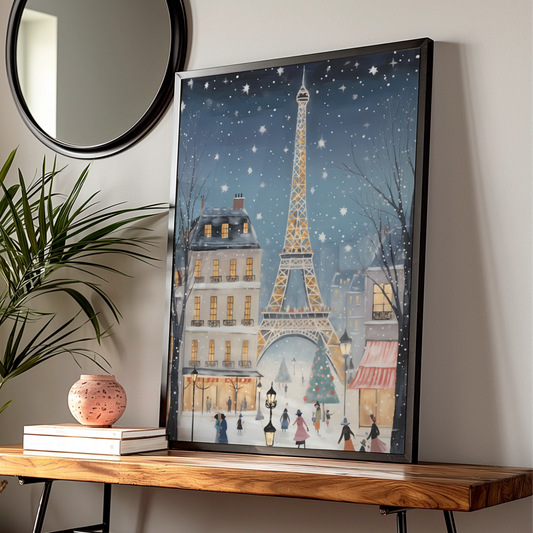 Paris Christmas Poster, Eiffel Tower Winter Snow Wall Art, Festive French Holiday Print