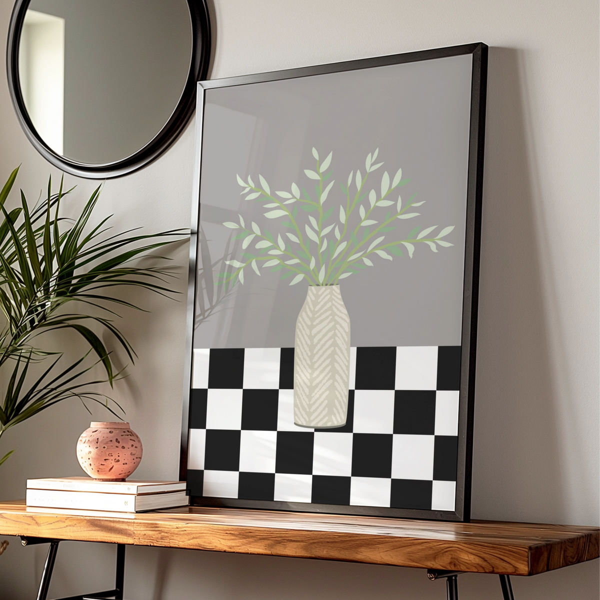 Matisse Style Botanical Vase Poster, Green Leaves Grey Wall Art, Checkerboard Print