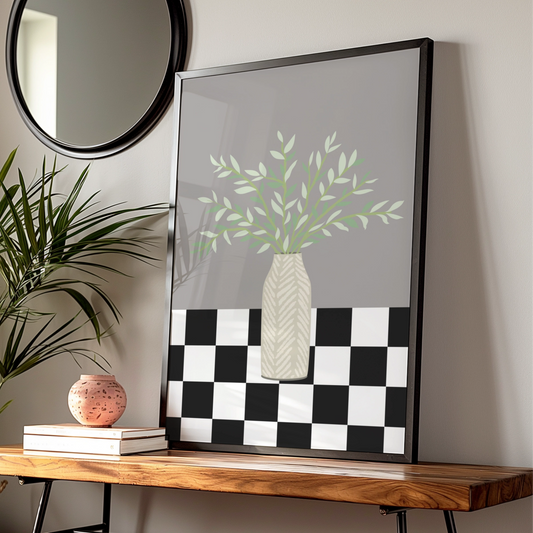 Matisse Style Botanical Vase Poster, Green Leaves Grey Wall Art, Checkerboard Print