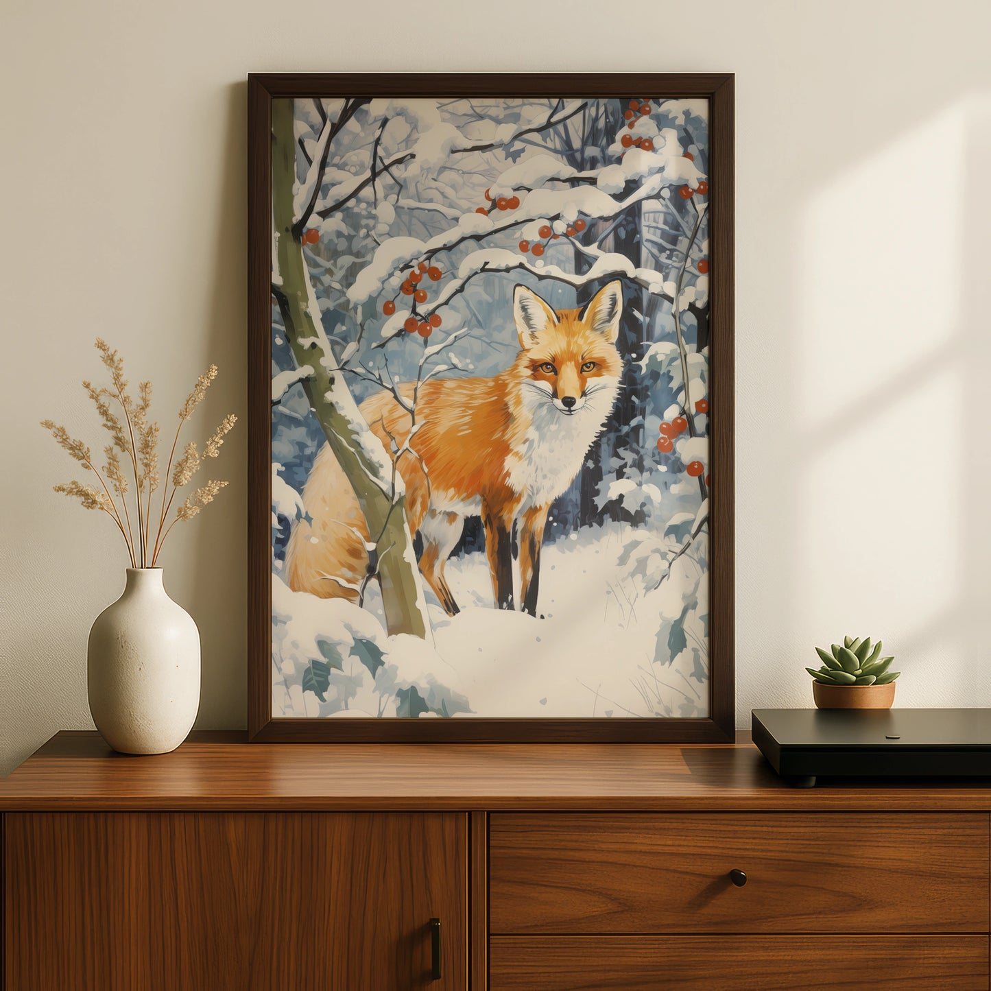 Christmas Fox Poster, Winter Snow Forest Wall Art, Red Fox Print, Festive Wildlife Decor