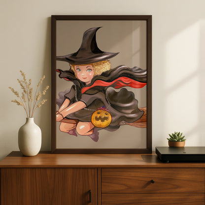 Halloween Witch Poster, Flying Broomstick Wall Art, Pumpkin Witch Print, Spooky Cute Decor