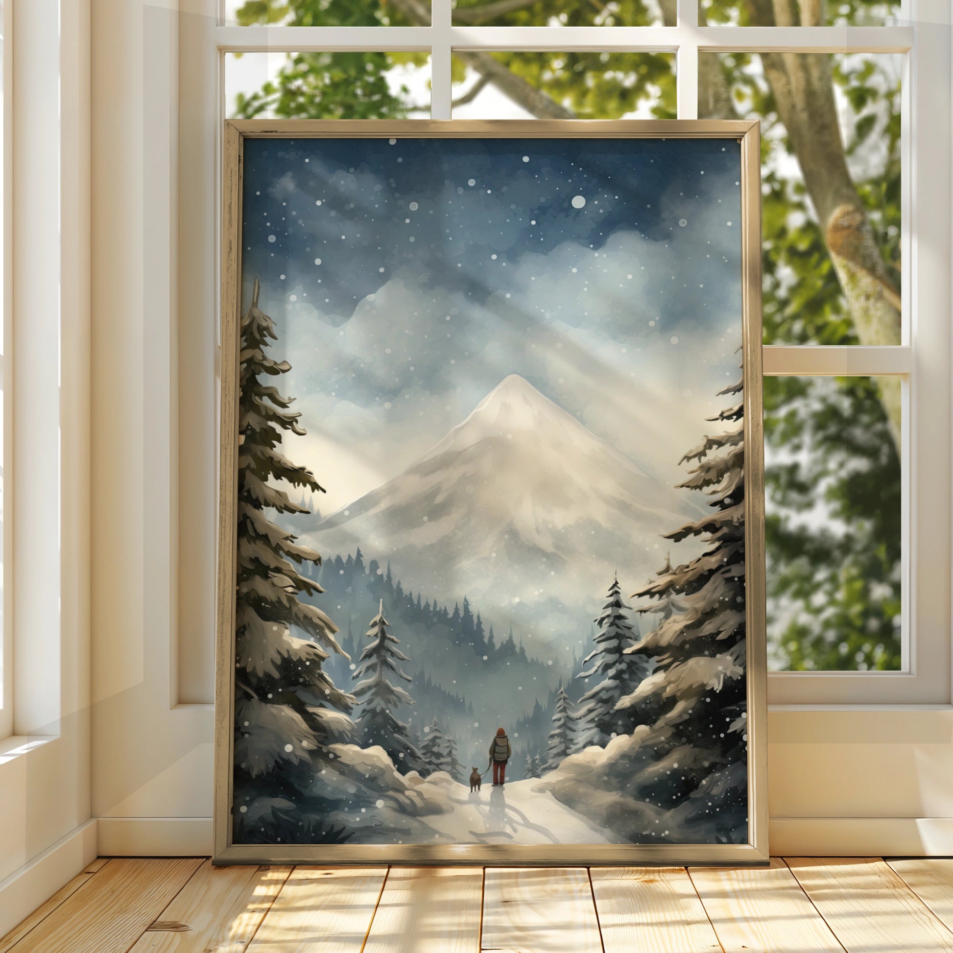 Christmas Winter Mountain Poster, Snowy Forest Walk Dog Print, Festive Wall Art