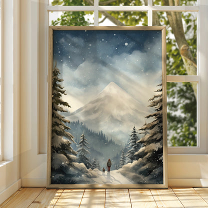 Christmas Winter Mountain Poster, Snowy Forest Walk Dog Print, Festive Wall Art