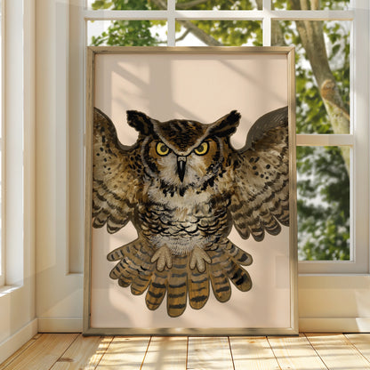 Halloween Owl Poster, Flying Owl Wall Art, Spooky Bird Print, Brown Gothic Home Decor