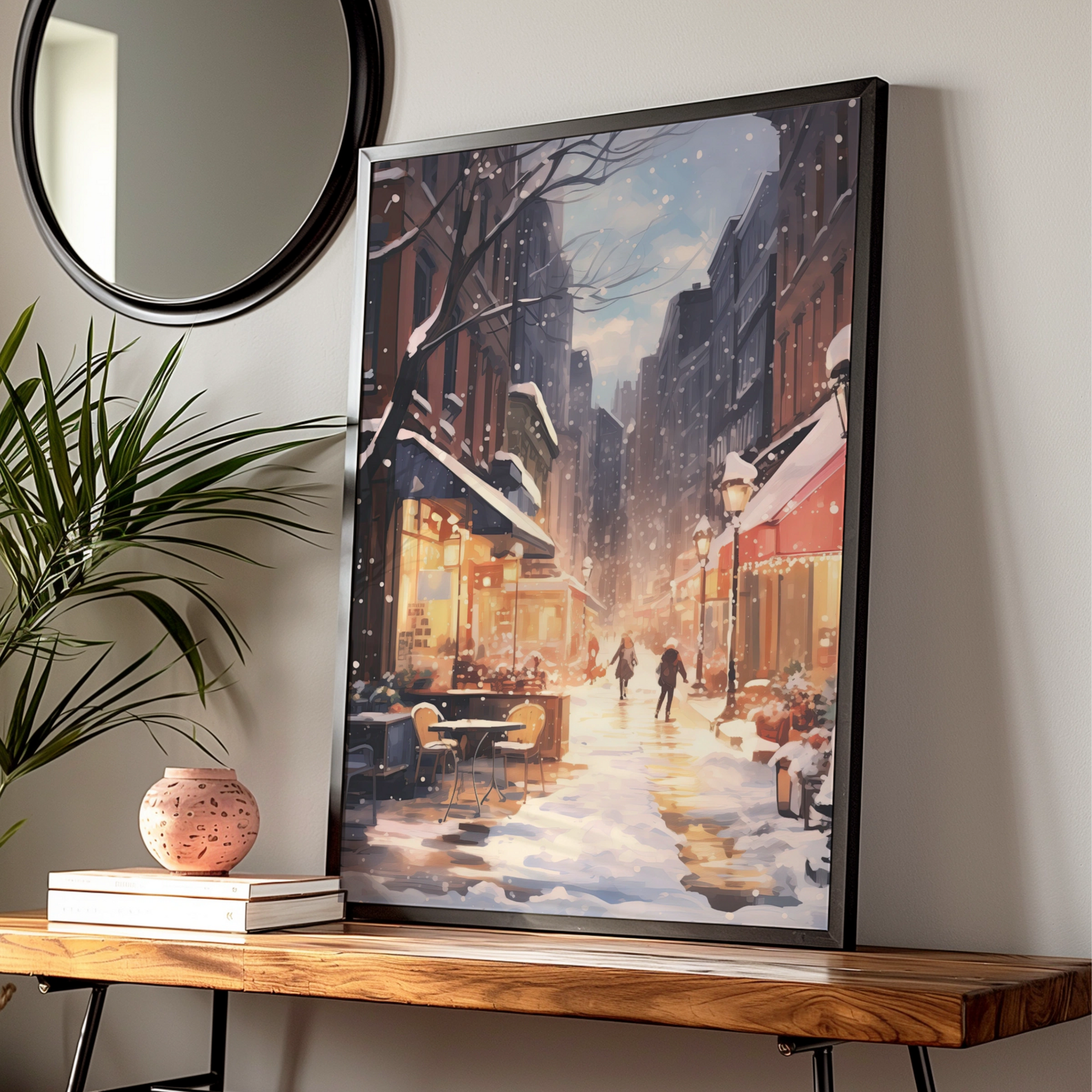 Christmas City Street Poster, Snowy Winter Scene Wall Art, Festive Holiday Print, Cosy Xmas Decor