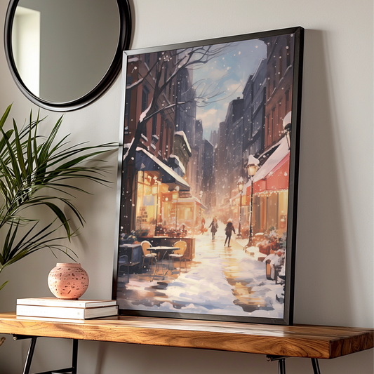 Christmas City Street Poster, Snowy Winter Scene Wall Art, Festive Holiday Print, Cosy Xmas Decor