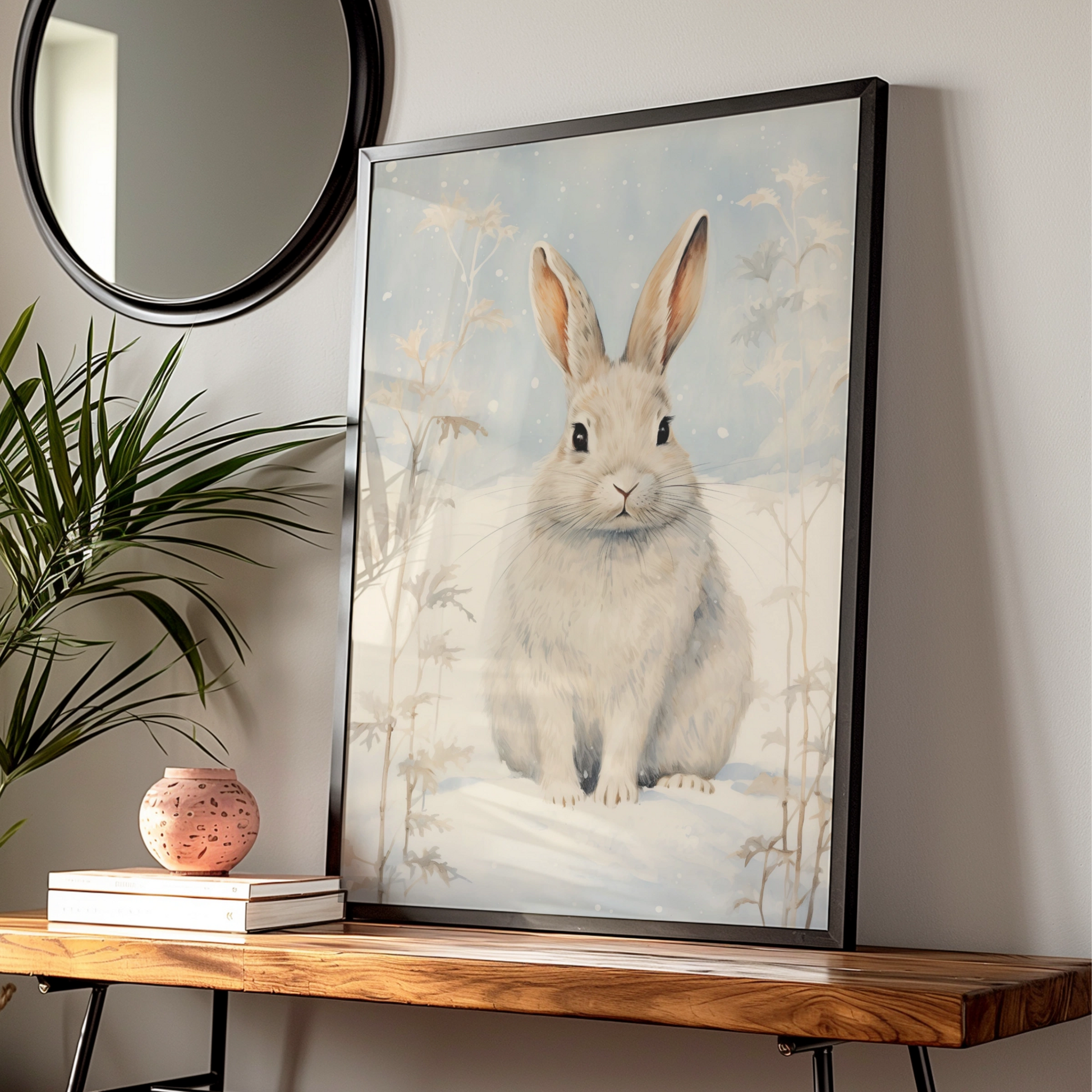 Christmas Rabbit Poster, Winter Snow Bunny Wall Art, Festive Nordic Animal Print, Cosy Holiday Decor
