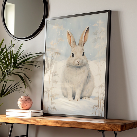 Christmas Rabbit Poster, Winter Snow Bunny Wall Art, Festive Nordic Animal Print, Cosy Holiday Decor