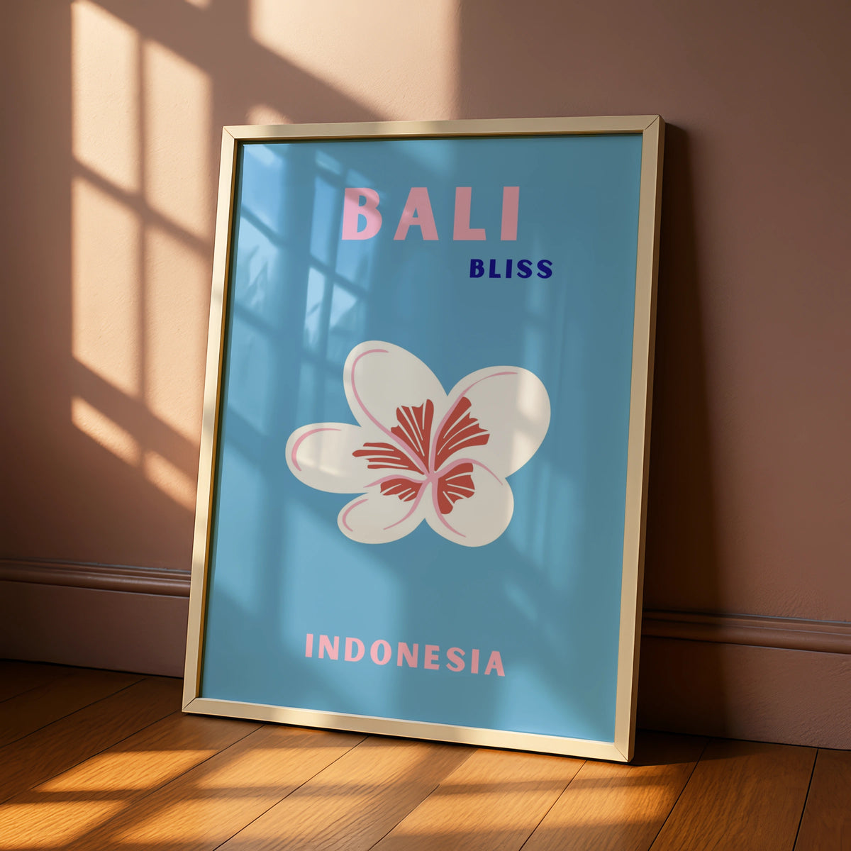 Bali Travel Poster Indonesia Wall Art, Retro Frangipani Print, Blue Pink Tropical Decor