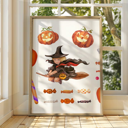 Halloween Wall Art Poster, Witch Pumpkin Ghost Black Cat, Trick or Treat Print