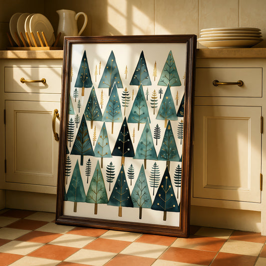 Christmas Tree Poster, Teal Gold Festive Wall Art, Minimalist Xmas Pine Forest Print