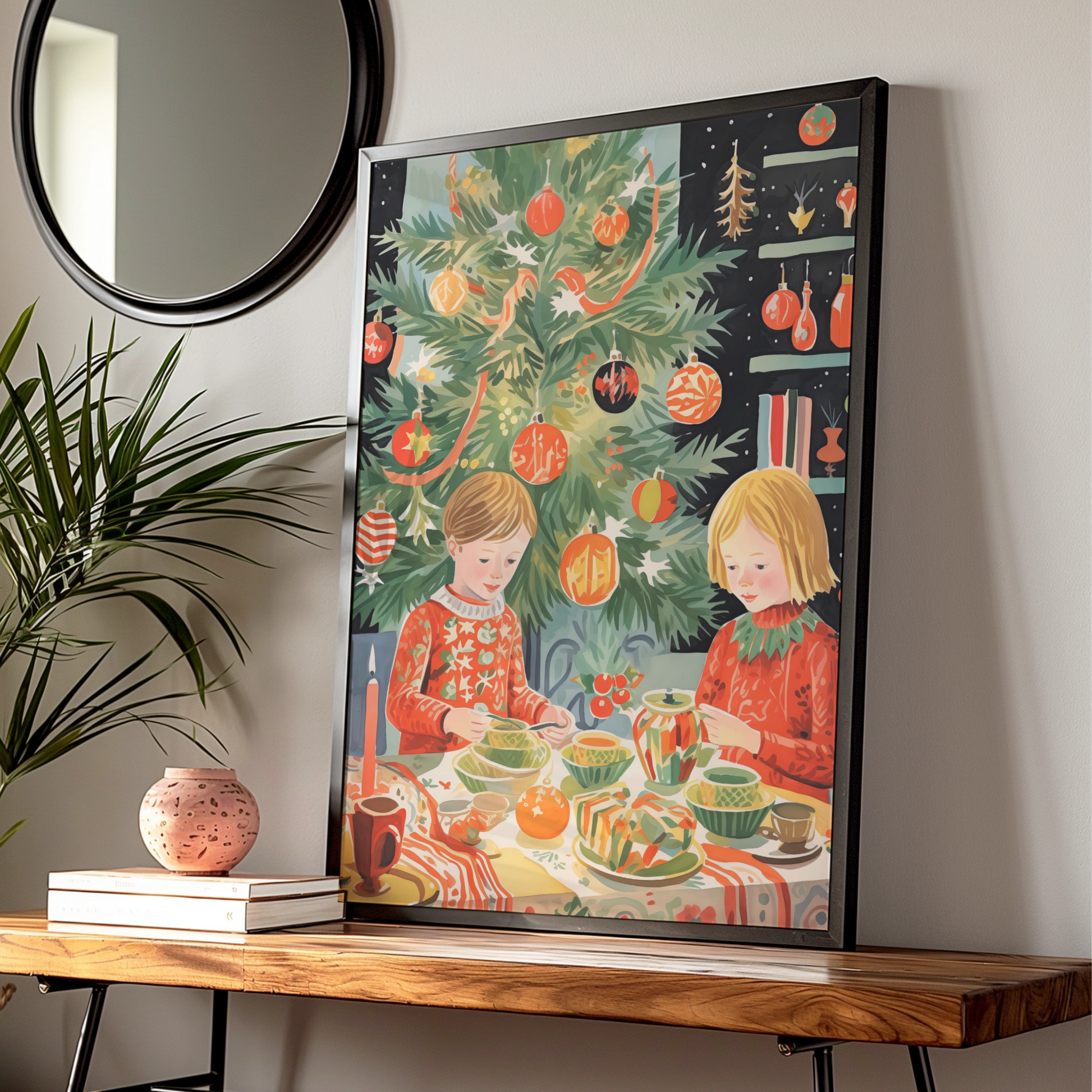Christmas Dinner Poster, Festive Children Holiday Wall Art, Retro Xmas Tree Print, Kids Room Decor