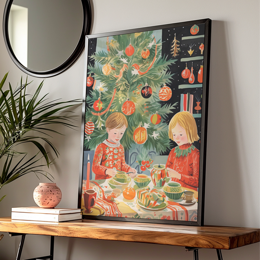 Christmas Dinner Poster, Festive Children Holiday Wall Art, Retro Xmas Tree Print, Kids Room Decor