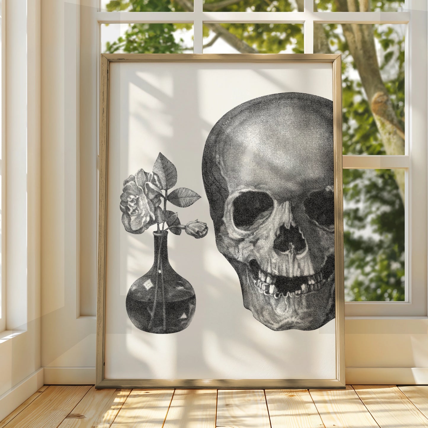 Skull and Rose Halloween Wall Art, Gothic Black White Vanitas Poster, Dark Floral Print