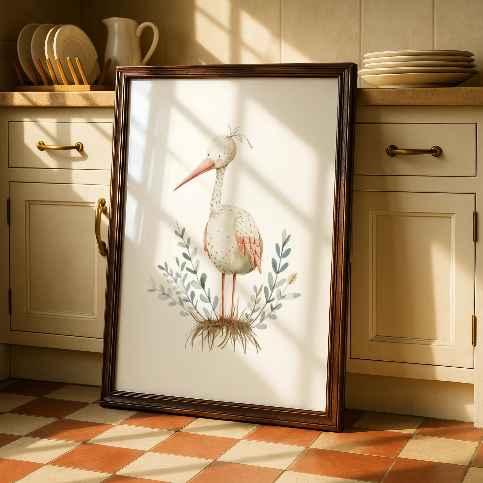 Stork Nursery Wall Art, Cute Bird Print, Baby Room Poster, Boho Neutral Decor
