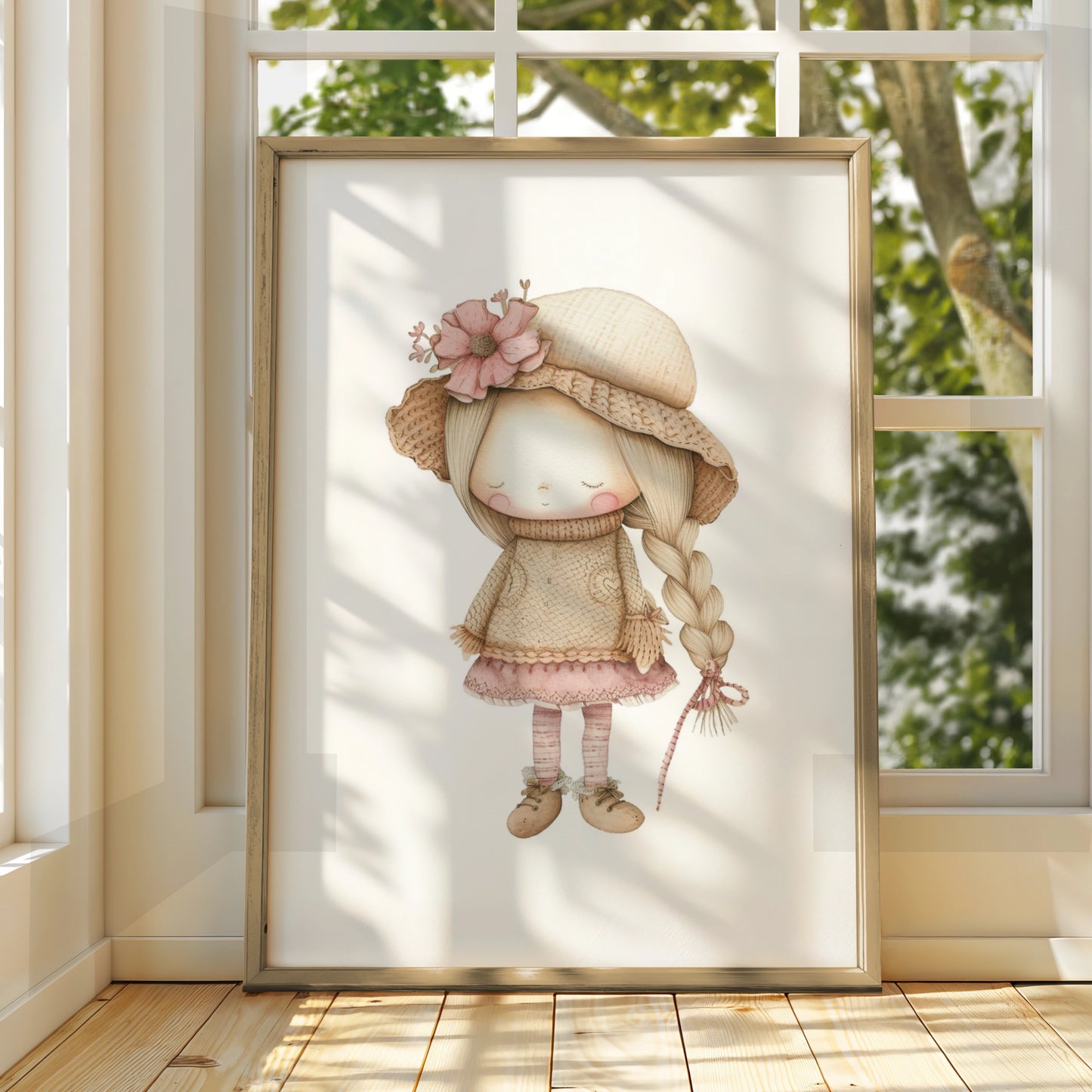 Nursery Wall Art Girl Print, Boho Doll Poster, Pink Beige Baby Girl Room Decor